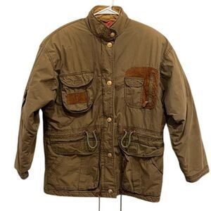 Vintage Mens Brown Utility Field Jacket With Suede Accents & Gold Button Details
